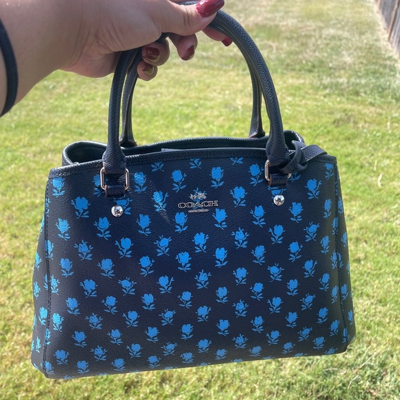 COACH Navy leather purse with light blue roses. MATCHING WALLET INCLUDED!! - Picture 1 of 10